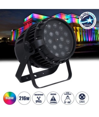 GloboStar® 51114 MINOTAUR Επαγγελματική Κεφαλή PAR DMX512 216W AC 220V-240V 4in1 BEAM - WASH - SPOT - ZOOM 8° - 60° OSRAM LED Αδιάβροχη IP65 RGBW - Μαύρο - L24.8 x W28 x H37cm